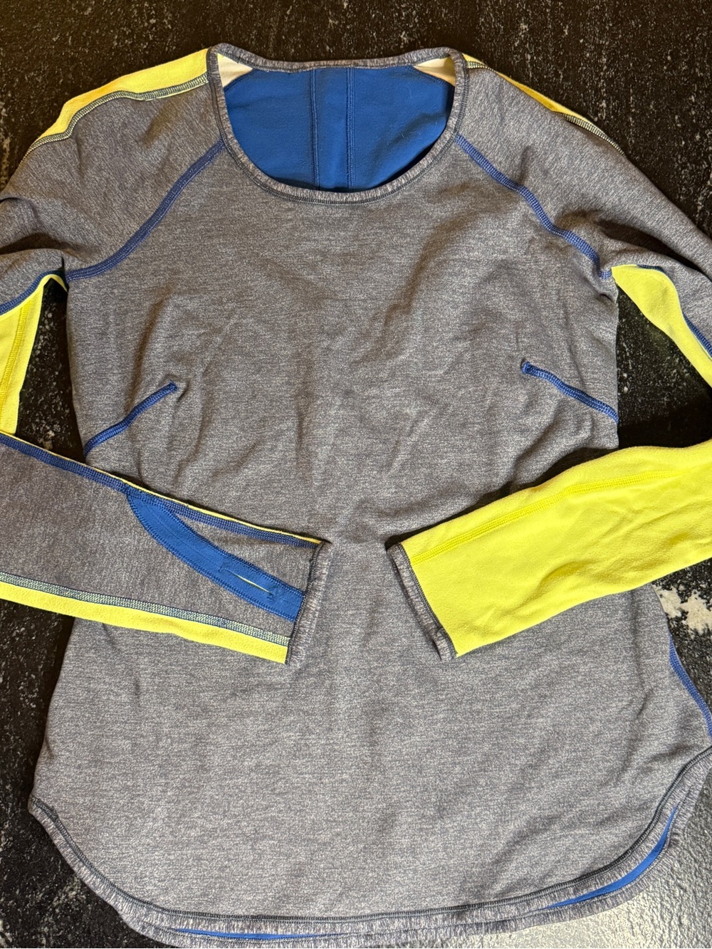 Lululemon Gray Athletic Top with Neon Yellow & Blue Accents Size 6